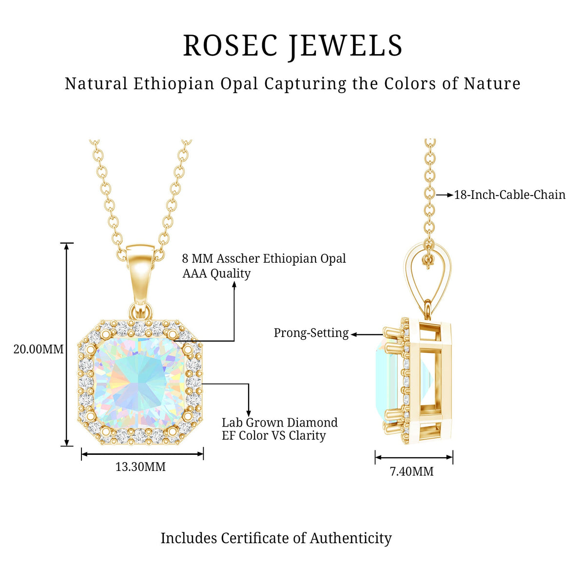 1.25 Carat Asscher Cut Ethiopian Opal Necklace with Diamond Halo
