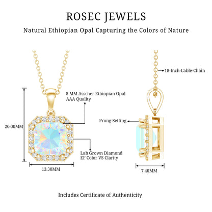 1.25 Carat Asscher Cut Ethiopian Opal Necklace with Diamond Halo