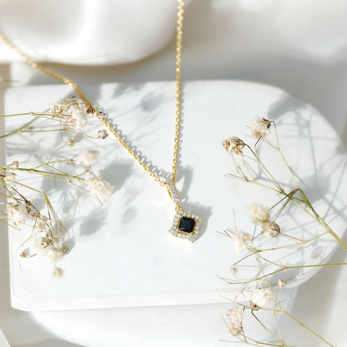 Sterling Silver Black Spinel Necklace with Diamond Halo