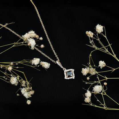 Sterling Silver Black Spinel Necklace with Diamond Halo