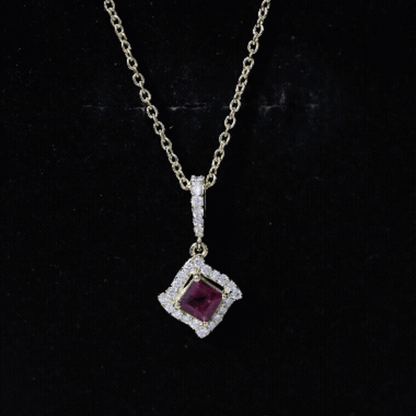 Princess Cut Rhodolite and Diamond Halo Pendant Necklace