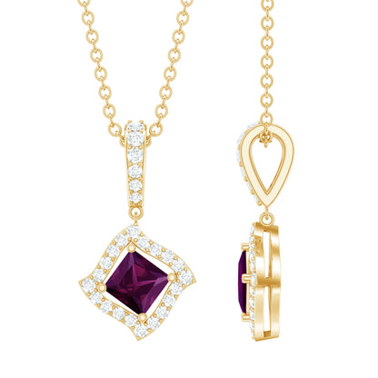 Princess Cut Rhodolite and Diamond Halo Pendant Necklace
