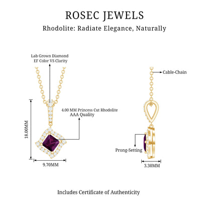 Princess Cut Rhodolite and Diamond Halo Pendant Necklace