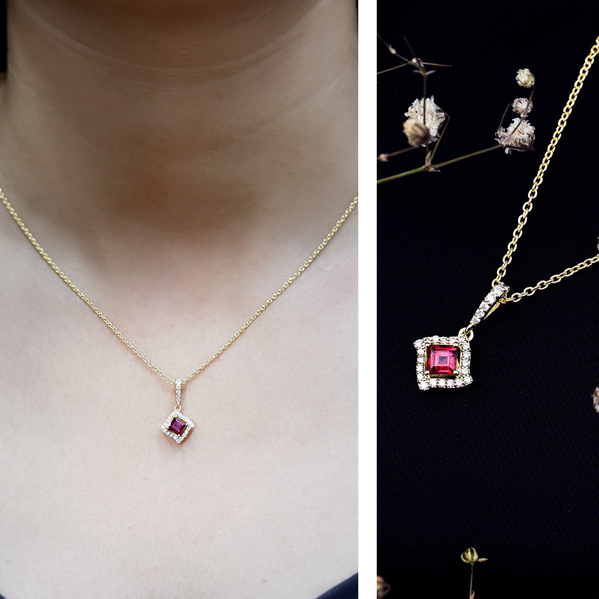 Princess Cut Rhodolite and Diamond Halo Pendant Necklace