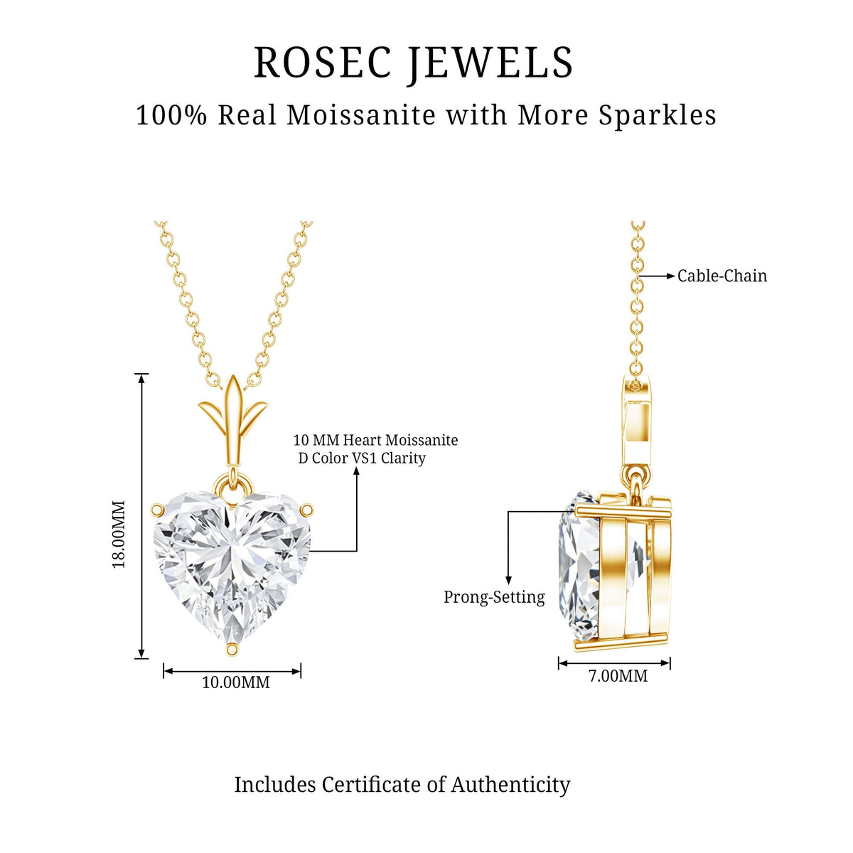 Certified 3.4 Carat Moissanite Heart Necklace for Women
