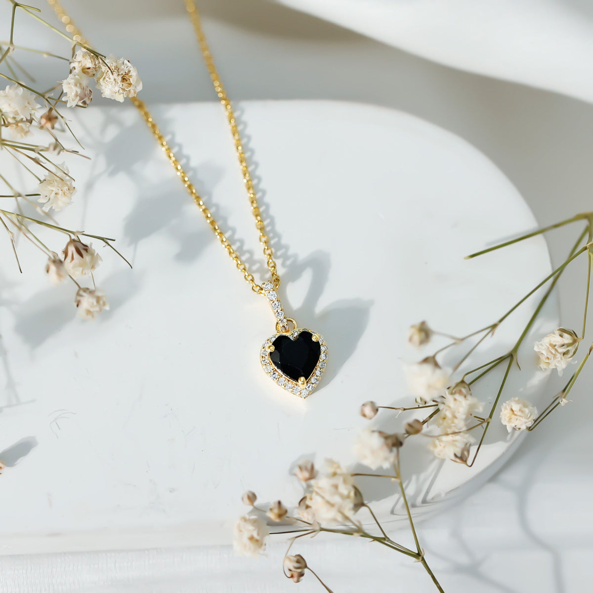 Certified 1.45 Carat Black Onyx Heart Necklace with Lab Diamond Halo