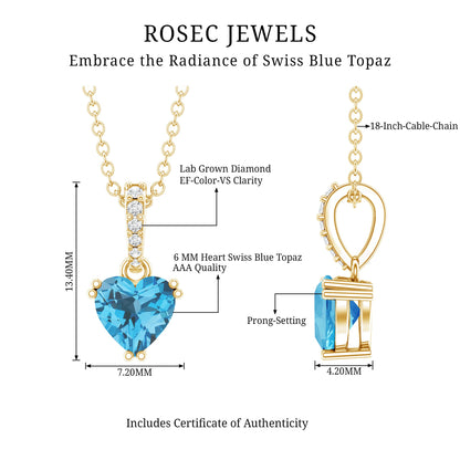 0.9 Carat Swiss Blue Topaz Solitaire and Diamond Heart Necklace with Chain