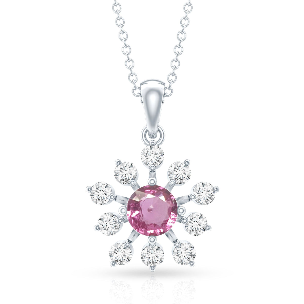 Genuine 0.58 Carat Pink Sapphire and Diamond Flower Pendant Necklace