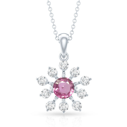 Genuine 0.58 Carat Pink Sapphire and Diamond Flower Pendant Necklace