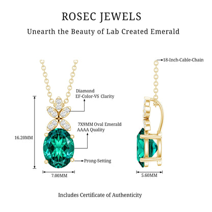 2 Carat Oval Lab Grown Emerald Wedding Necklace with Diamond Flower