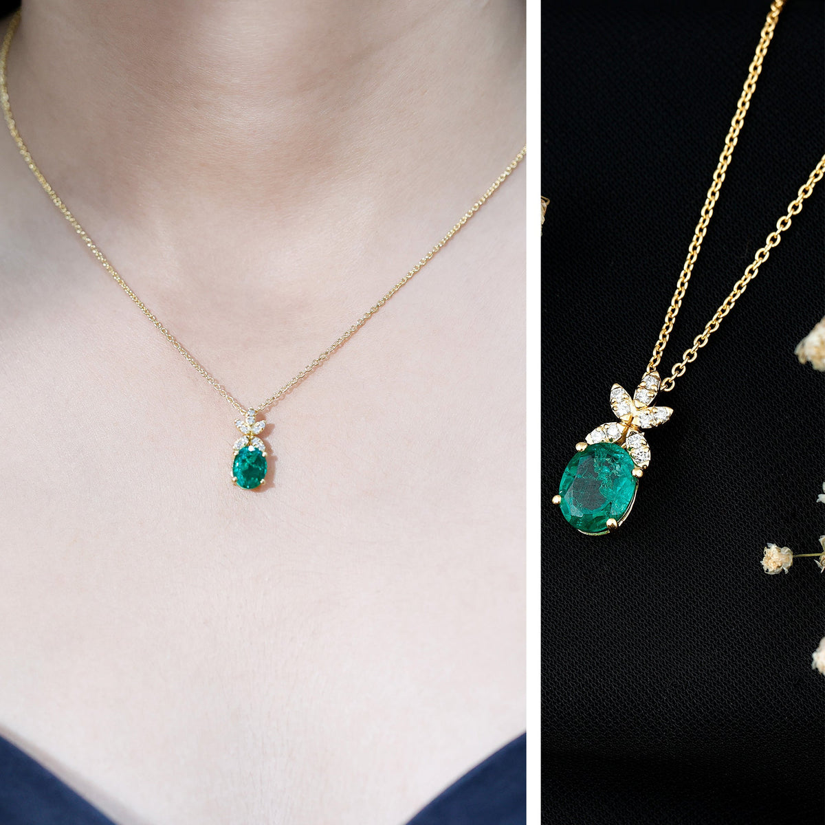 2 Carat Oval Lab Grown Emerald Wedding Necklace with Diamond Flower