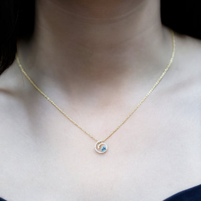 Genuine Sky Blue Topaz and Diamond Swirl Necklace with Silver Chain