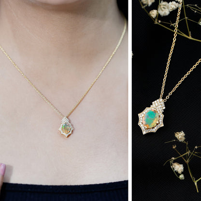 Natural 2 Carat Ethiopian Opal Vintage Necklace with Diamond
