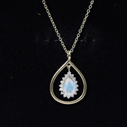 Natural 0.6 Carat Ethiopian Opal Teardrop Pendant Necklace with Lab Diamond Halo