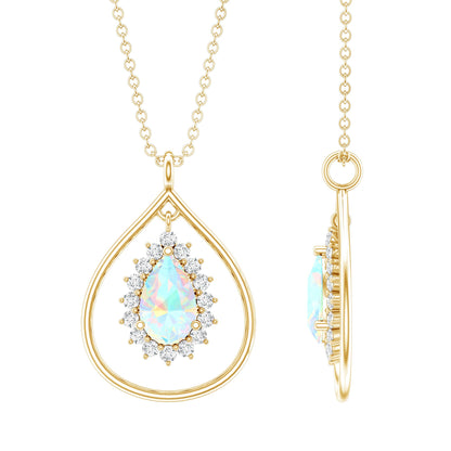 Natural 0.6 Carat Ethiopian Opal Teardrop Pendant Necklace with Lab Diamond Halo
