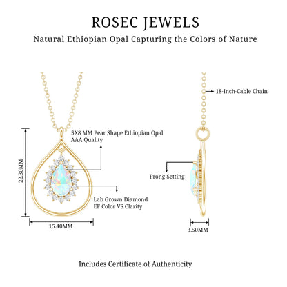 Natural 0.6 Carat Ethiopian Opal Teardrop Pendant Necklace with Lab Diamond Halo