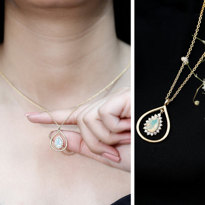 Natural 0.6 Carat Ethiopian Opal Teardrop Pendant Necklace with Lab Diamond Halo