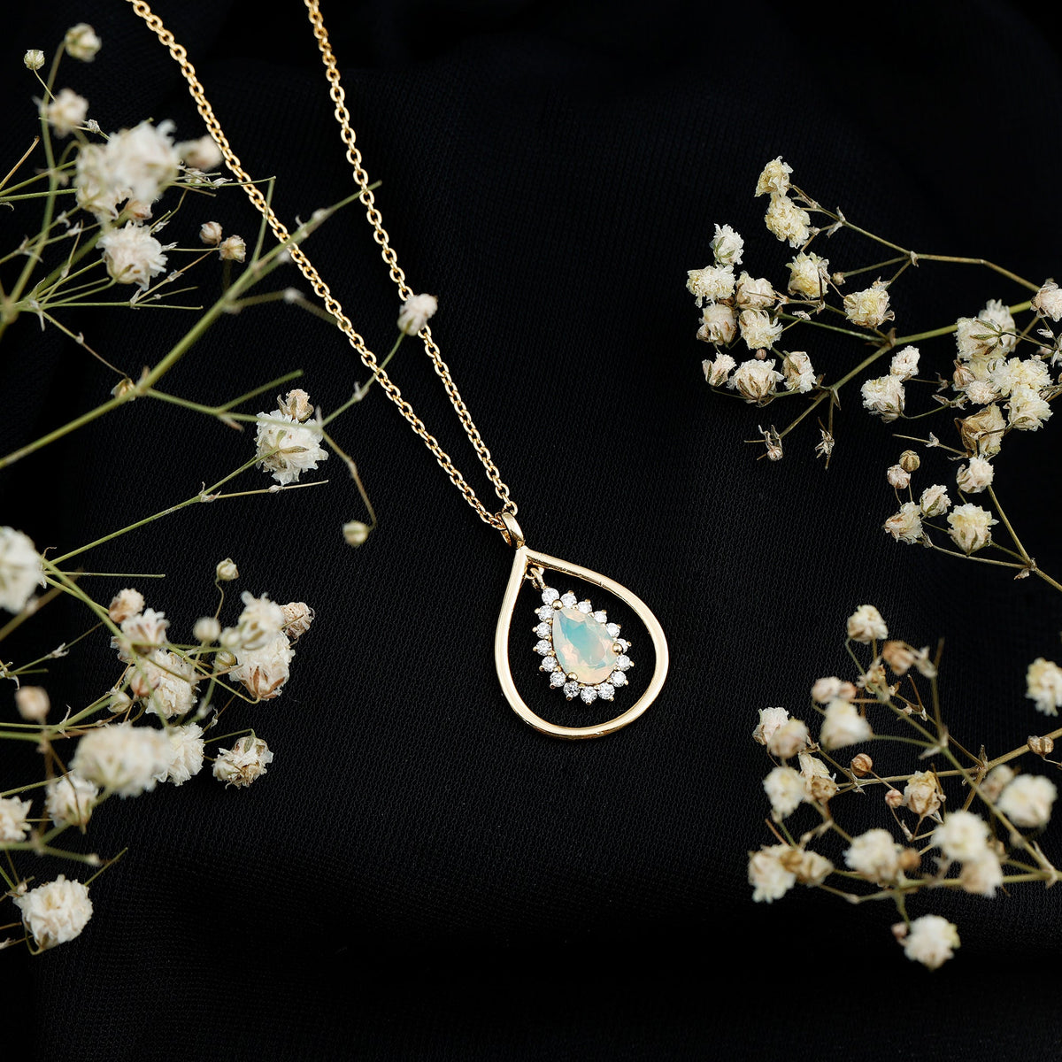 Natural 0.6 Carat Ethiopian Opal Teardrop Pendant Necklace with Lab Diamond Halo