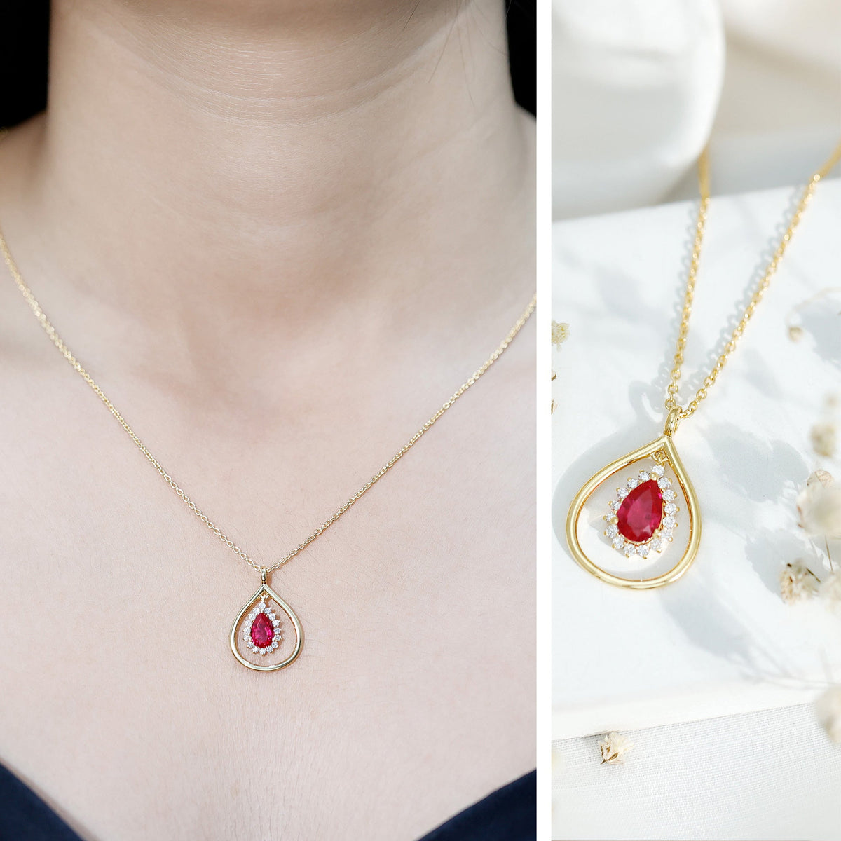 1.3 Carat Lab Grown Ruby Teardrop Necklace with Lab Diamond