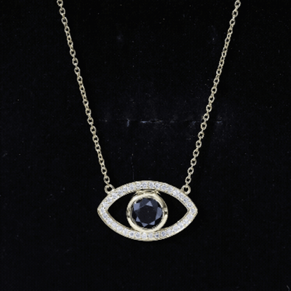 Natural 1.6 Carat Black Diamond Evil Eye Necklace in Yellow Gold Plated Silver