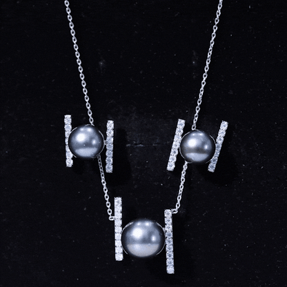 Genuine Black Tahitian Pearl Necklace and Earrings Set with Moissanite