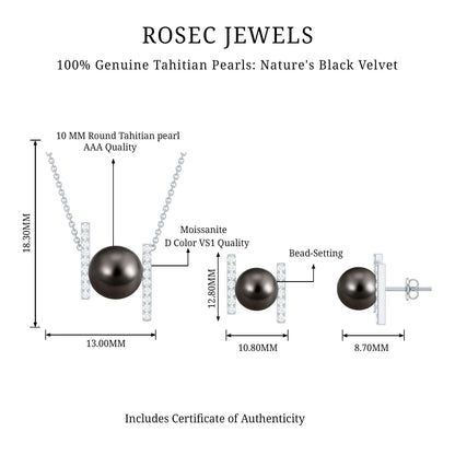 Genuine Black Tahitian Pearl Necklace and Earrings Set with Moissanite