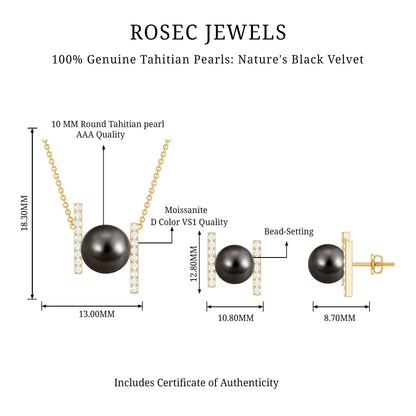 Genuine Black Tahitian Pearl Necklace and Earrings Set with Moissanite