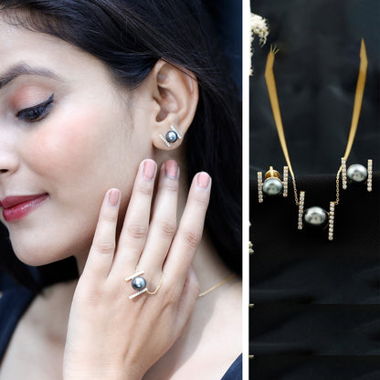 Genuine Black Tahitian Pearl Necklace and Earrings Set with Moissanite