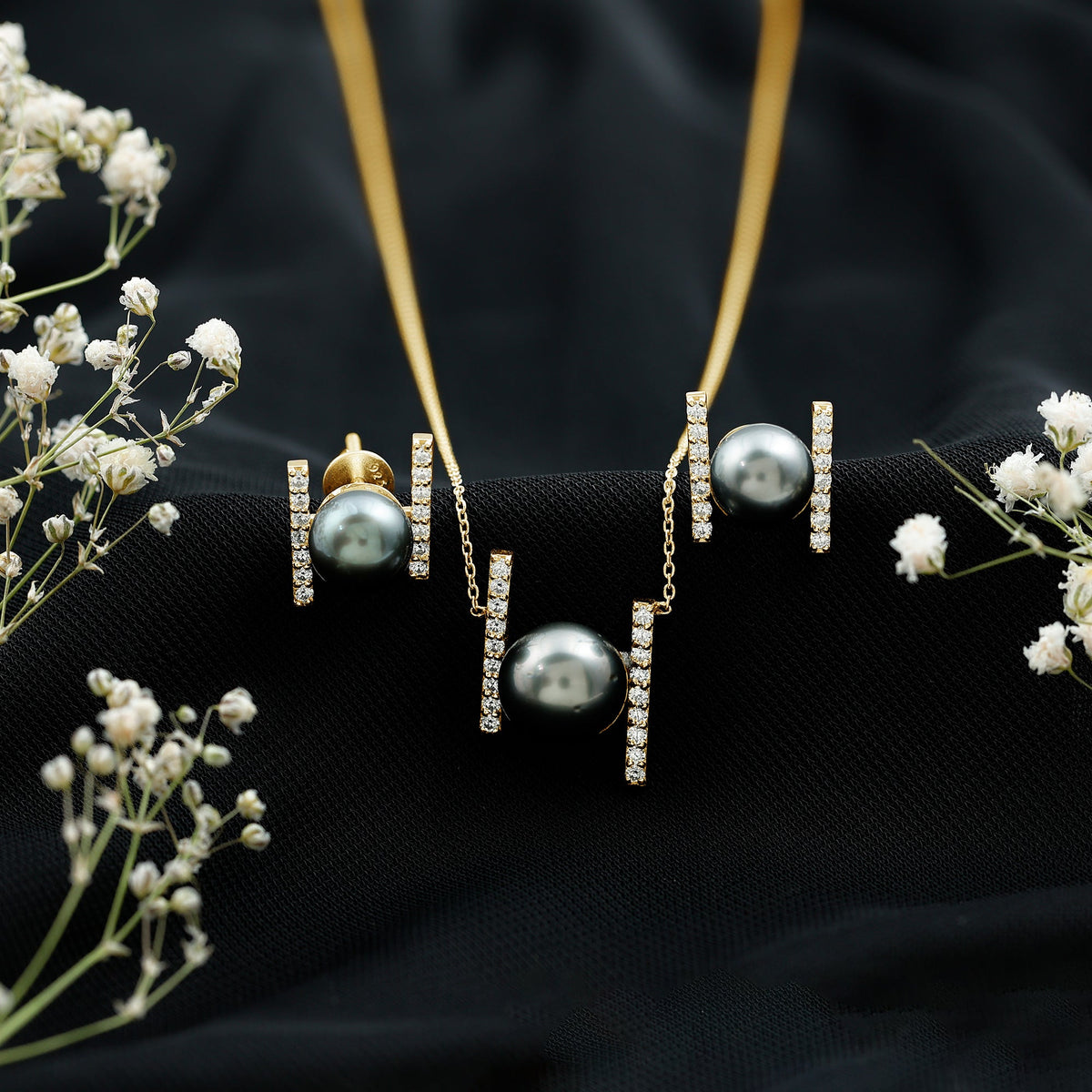 Genuine Black Tahitian Pearl Necklace and Earrings Set with Moissanite