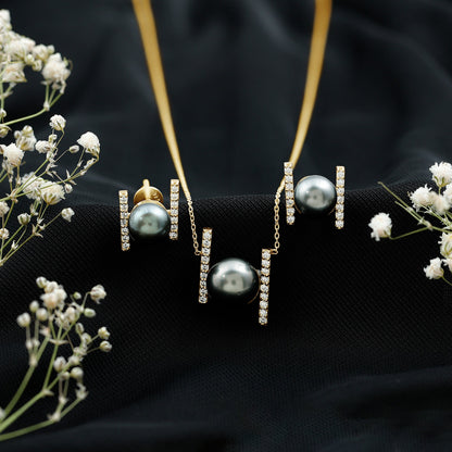Genuine Black Tahitian Pearl Necklace and Earrings Set with Moissanite