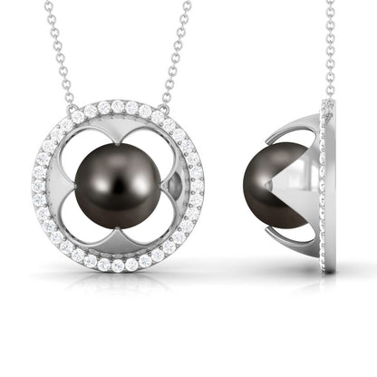 8 Carat Solitaire Tahitian Pearl and Diamond Flower Necklace