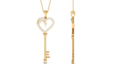 Certified Pave Set Moissanite Heart and Key Pendant for Women
