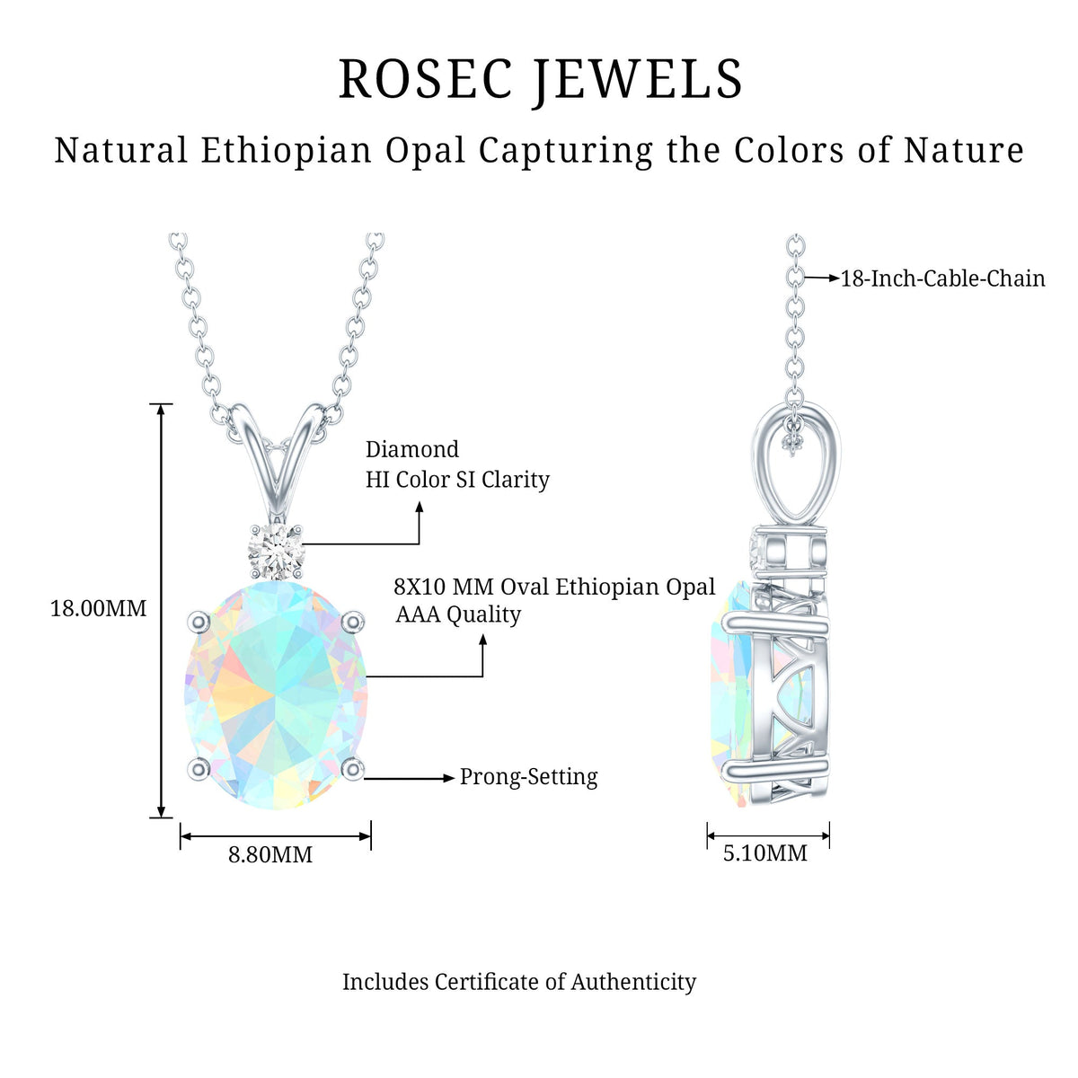 Genuine 1.3 Carat Opalescent Pendant Necklace with Diamond