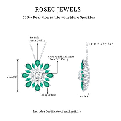 Certified 1.3 Carat Moissanite Statement Flower Necklace With Lab Emerald