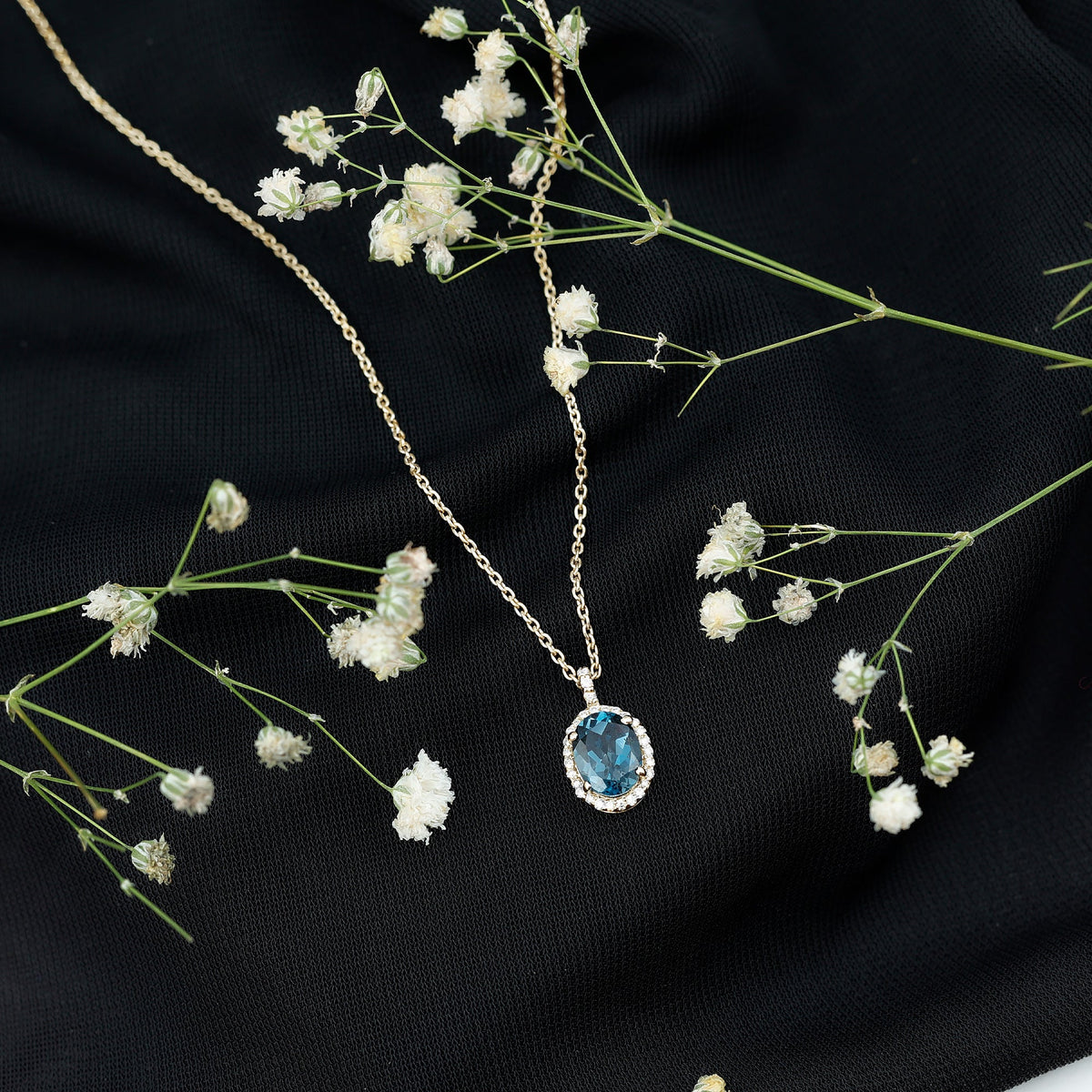 Genuine London Blue Topaz and Diamond Classic Necklace With Chain