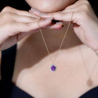 Certified 2.5 Carat Amethyst Oval Necklace with Moissanite Halo