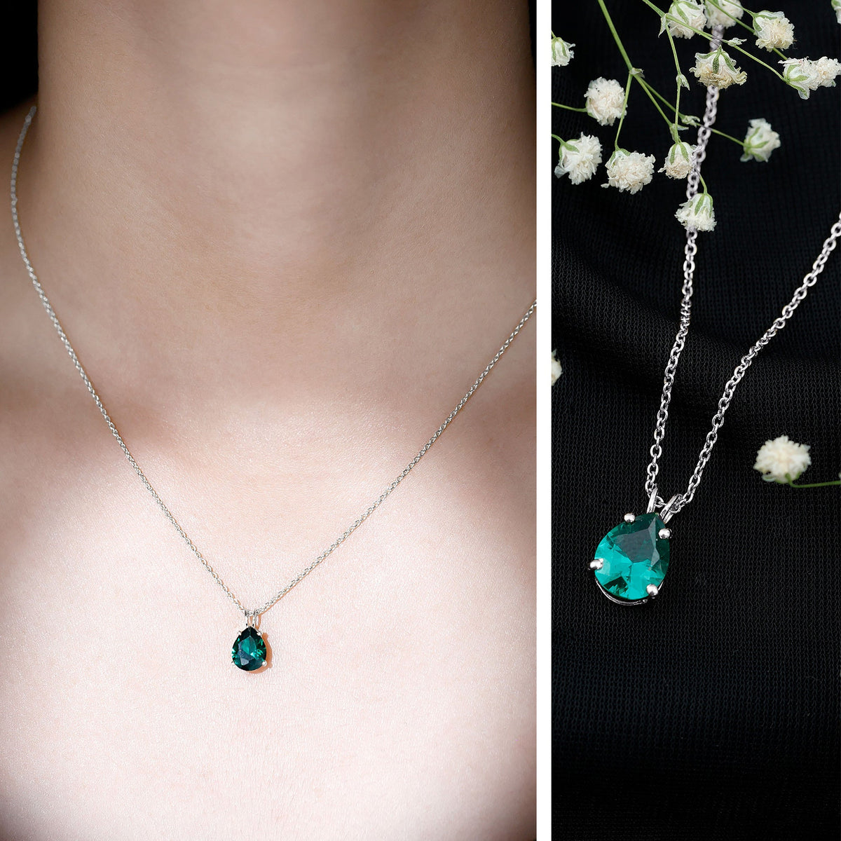 Pear Cut Lab Grown Emerald Solitaire Pendant Necklace With Chain