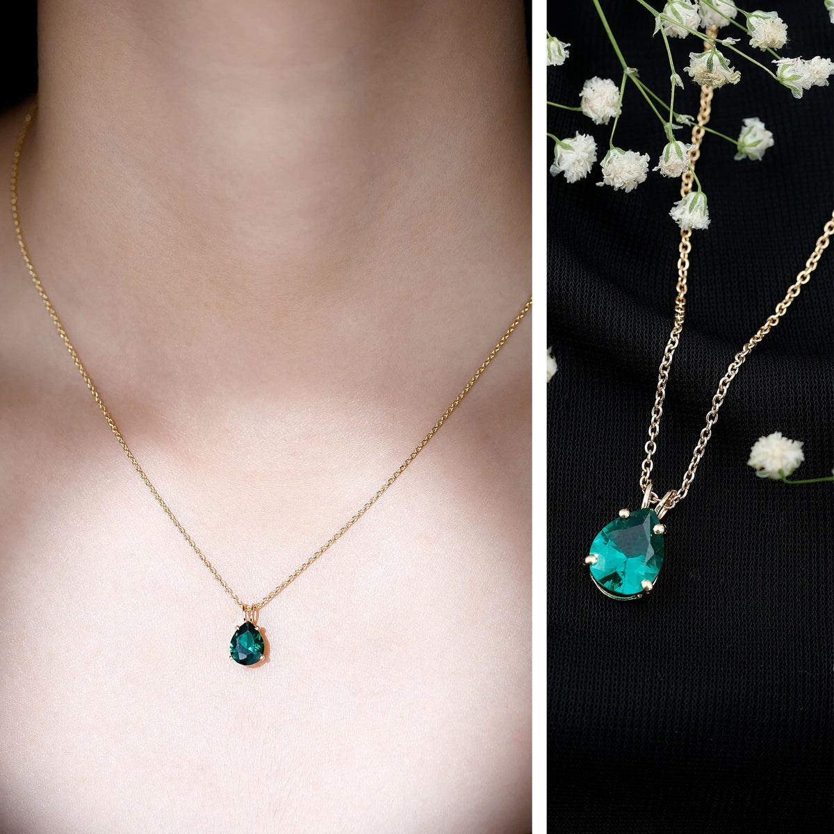 Pear Cut Lab Grown Emerald Solitaire Pendant Necklace With Chain