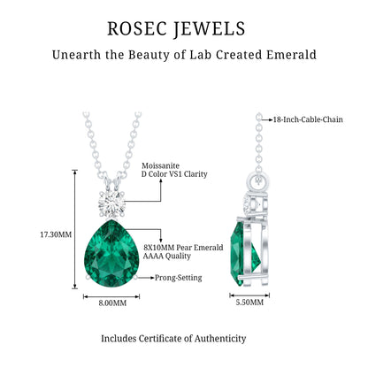 Lab Grown Emerald Teardrop Pendant with Moissanite