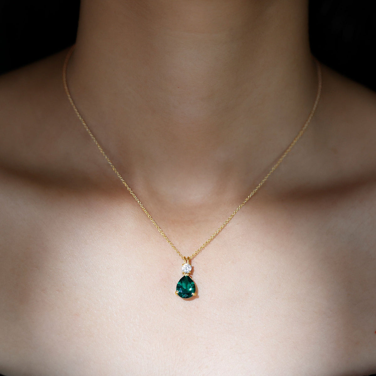 Lab Grown Emerald Teardrop Pendant with Moissanite