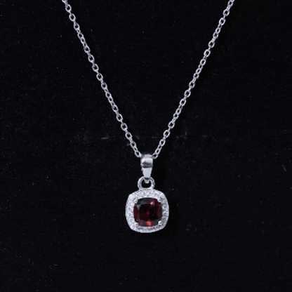 Cushion Cut Garnet and Moissanite Halo Pendant Necklace With Chain