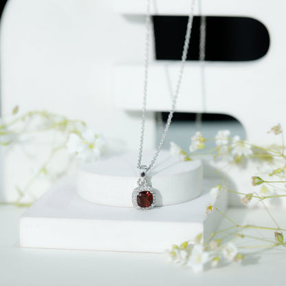 Cushion Cut Garnet and Moissanite Halo Pendant Necklace With Chain