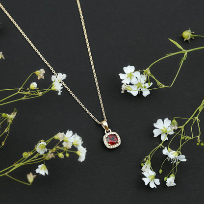 Cushion Cut Garnet and Moissanite Halo Pendant Necklace With Chain