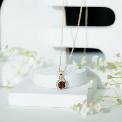 Cushion Cut Garnet and Moissanite Halo Pendant Necklace With Chain