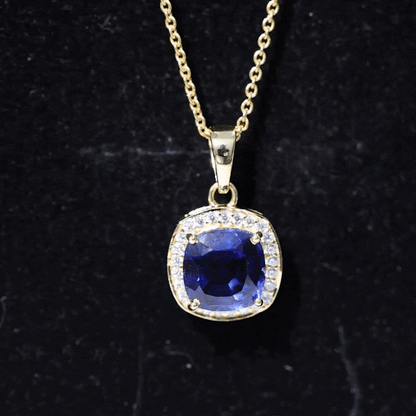 2.7 Carat Cushion Cut Lab Created Blue Sapphire and Diamond Halo Pendant