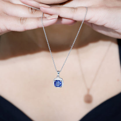 2.7 Carat Cushion Cut Lab Created Blue Sapphire and Diamond Halo Pendant
