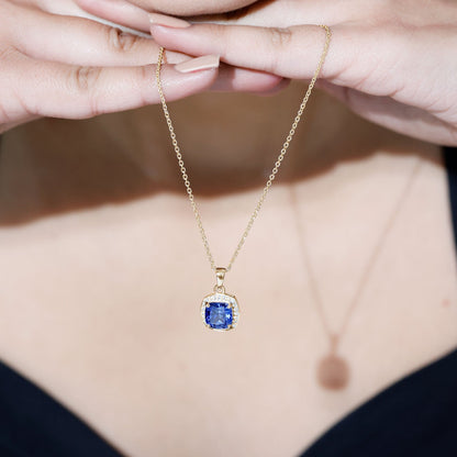 2.7 Carat Cushion Cut Lab Created Blue Sapphire and Diamond Halo Pendant