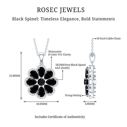 Certified Black Spinel Flower Necklace with Moissanite Halo