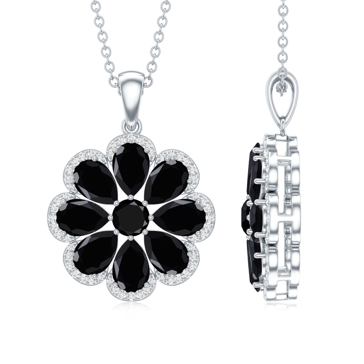 Certified Black Spinel Flower Necklace with Moissanite Halo