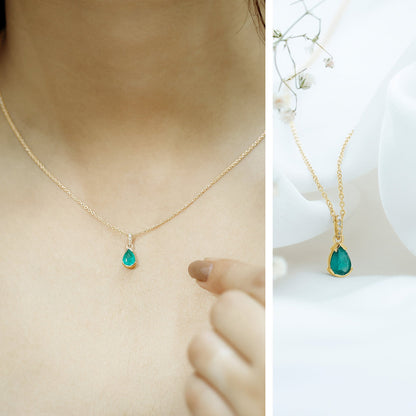 Pear Cut Emerald Solitaire Pendant with Diamond Accent Bail